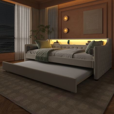 Daybett, Schlafsofa, Tagesbett mit Lattenrost (ohne Matratze), Ambientelicht mit Fernbedienung, Bett mit zwei Schubladen, USB-Ladebuchse, Linen