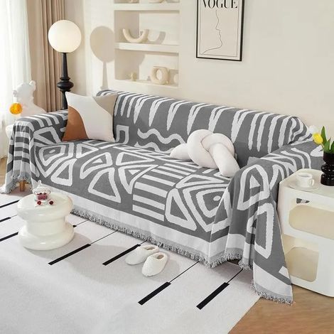 Housse canapé d'angle 2/3 places, gris foncé, en chenille avec glands décoratifs. Anti-rides, style b - Boho Gris Foncé 180 x 300 cm (1/5)
