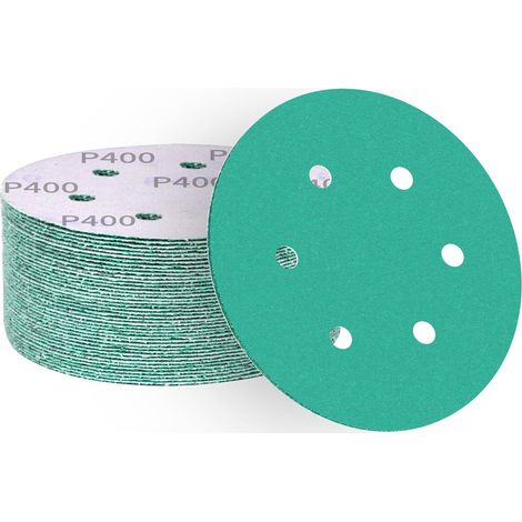 Disques abrasifs 150 mm grain 400, papier abrasif en alumine calcinée 6 trous, revêtement abrasif antiadhésif pour ponceuse orbitale (50 pièces) (1/5)