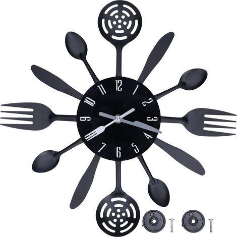 Black kitchen wall clock - Modern removable wall clock - Home decor with cutlery, spoons, and forks - For home, kitchen/restaurant (1/5)