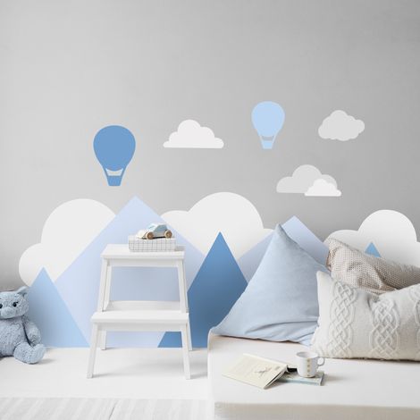 Grand Décor Panoramique Découpé, Chambre Bébé Déco, Bleu, Montagne, Montgolfière (1/5)
