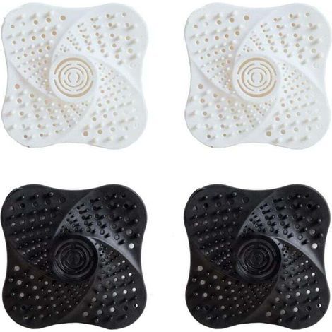 4er-Set Silikon-Spülbeckensiebe, Duschhaarfilter, Abflussschutz, Haarfänger mit Anti-Verstopfungs-Saugnapf für Dusche, Abfluss, Badewanne und Waschbecken, Weiß/Schwarz (1/4)