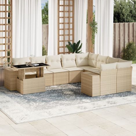 vidaXL Salon de jardin avec coussins 10 pcs beige résine tressée (1/5)