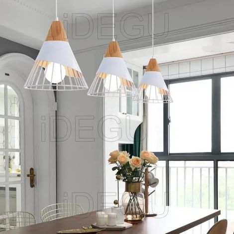 Lot de 2 Moderne Lampe Suspension Simple en Bois Métal Style Nordique Blanc pour Salon Chambre (1/4)