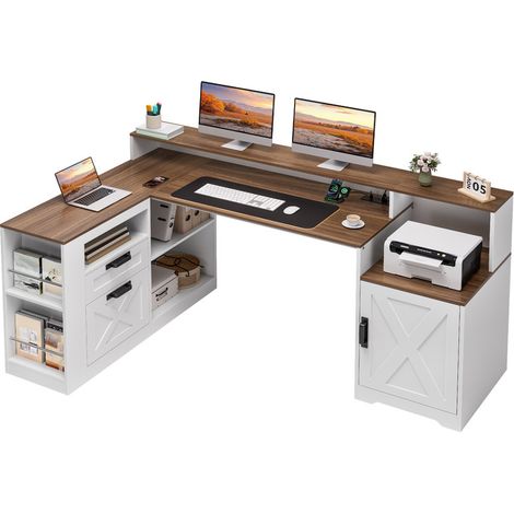 Bureau d'ordinateur - Table de jeu en forme de L - 2 Tiroirs et 1 casier - 4 prises et 2 ports USB - support d'imprimante - Lumière LED réglable - 158×98×91cm - Blanc - Bureau,chambre,salle d'étude (1/5)