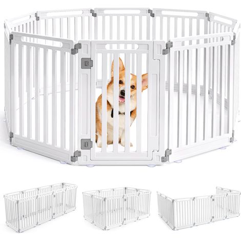 Enclos Pliable pour Chiens avec 10 Panneaux en HDPE Parc pour Chiens Intérieur/Extérieur avec Porte Verrouillable et Piquets de Sol, Blanc (1/5)