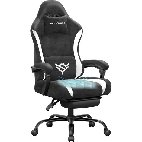 Chaise Gamer, Fauteuil de Bureau en Tissu Suédine, Ergonomique avec Repose-Pieds, Inclinable à 135°, 70 x 70 x (120-130) cm, Noir et Blanc, Collection Cathy OBG092BH01 (1/5)