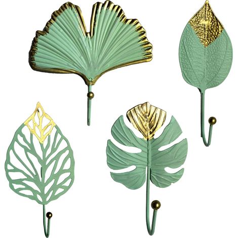 Cintres 4 pcs Métal Mini Support Mural avec Style en Forme de Feuille pour Vêtements Sac à Main Écharpe Clés Cintres - Vert (1/5)
