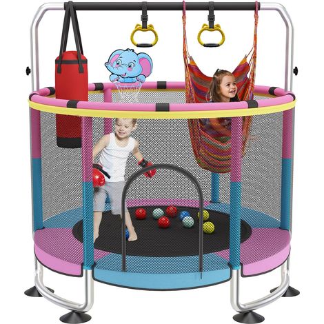 Kids Trampoline, 150 cm Indoor/Outdoor Kids Trampoline, Maximum Load 200 kg Adjustable with Basketball Basket and Safety Net, Gift for Boys and Girls (1/5)