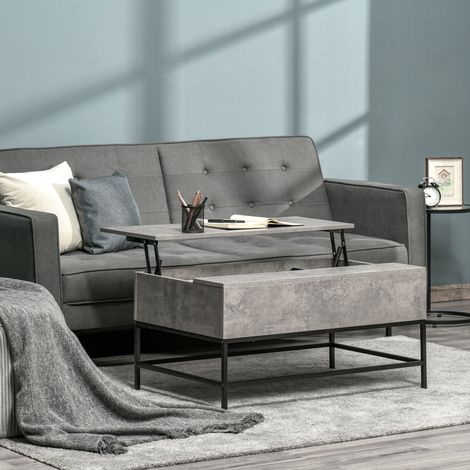 Tavolino da caffè con piano sollevabile e vano portaoggetti nascosto per soggiorno e sala da pranzo, 90x60,5x45,5 cm, grigio cemento. (1/5)