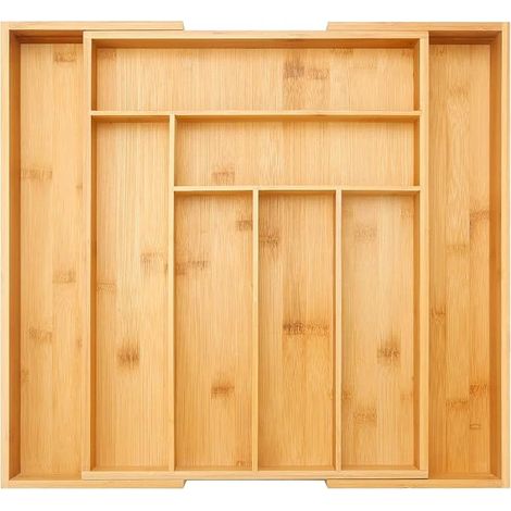 Organisateur de tiroir extensible en bambou, porte-couverts et plateau à couverts pour la cuisine, le bureau, la salle de bain et la maison (8 compartiments extensibles) (1/5)