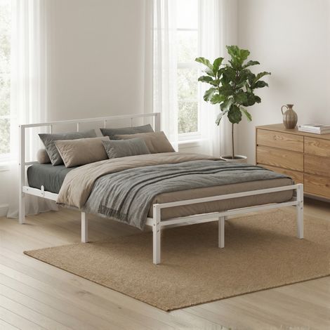 Vasagle – Lit double métal 140 x 190 cm – Sommier avec tête de lit – Montage rapide – Structure acier – Espace de rangement sous le lit – Blanc