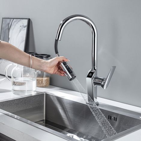 Robinet de Cuisine 3 Voies Extensible avec Affichage Température LED,Chromé (1/5)