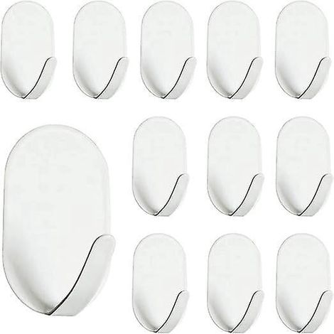 Lot de 12 crochets adhésifs blancs, patères murales autocollantes sans perçage, résistantes à la rouille pour salle de bain, fixation robuste et imperméable (1/4)