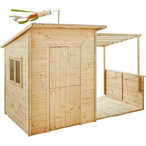 SOULET - Casita de Madera Infantil con Pérgola Santa Barbara 180x180x145 cm - Casita de Jardín para Niños con Pérgola Integrada - Madera Natural Personalizable - Fácil Montaje (1/5)