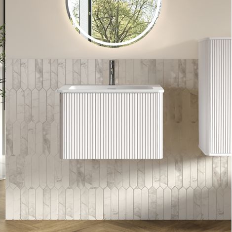 Mobiletto sottolavabo da 60 cm per bagni di piccole dimensioni, cassetti con apertura a pressione, design scanalato, MDF bianco. (1/5)