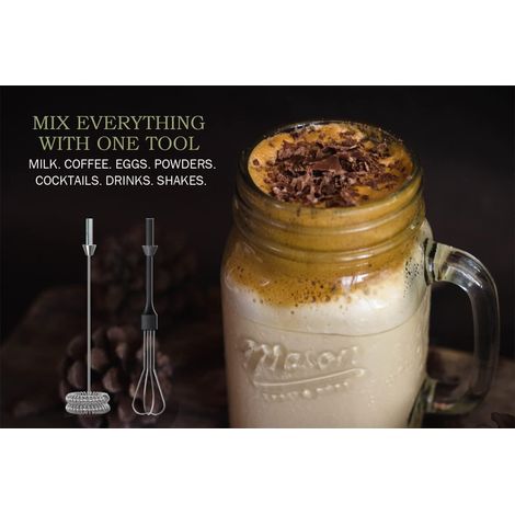 Mousseur à lait 2 en 1 pour café - Mousseur manuel durable, mixeur électrique pour boissons, mini fouet électrique pour café, matcha, œufs, etc. (Standard, noir) (1/4)
