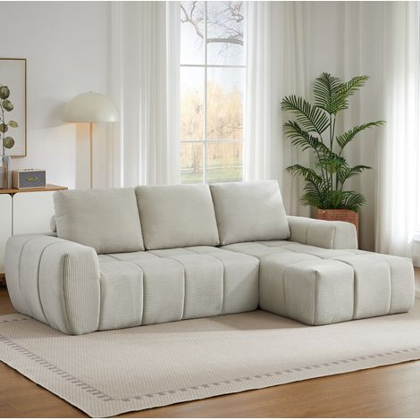Canapé d'angle en velours côtelé 4 places avec coussins amovibles, beige DESVIAE (1/5)