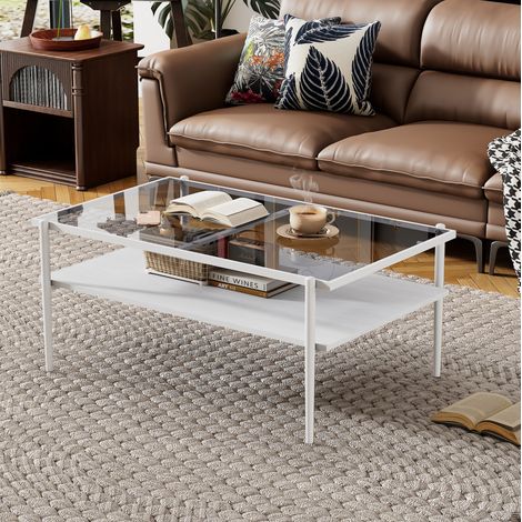 Table basse 97,5x61,5x45 cm gris et blanc, avec étagère, verre trempé et MDF, MEUBLIV (1/5)