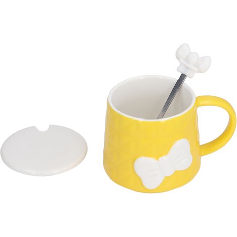 400 ml Keramikbecher mit niedlichem Schleifenmuster für Tee, Milch, Wasser oder Kaffee, inklusive Deckel und Edelstahllöffel, gelb – ideal als Geschenk für Zuhause oder als Weihnachtsgeschenk. (1/5)