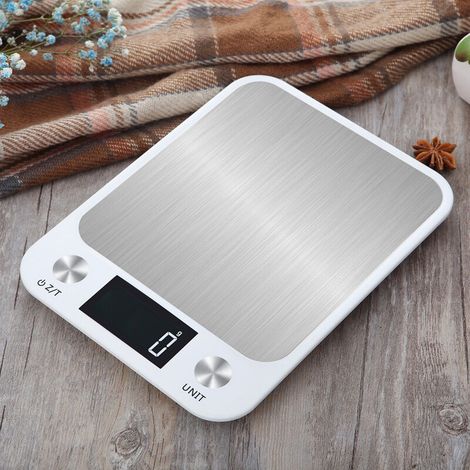 10kg Rechargeable Balance Cuisine, Balance Electronique Precision 0,001kg Avec 2 Batterie, Balance Numérique en Acier Inoxydable, 7 Unité, Rétroéclairé par LCD-Display, Fonction Tare(Blanc)