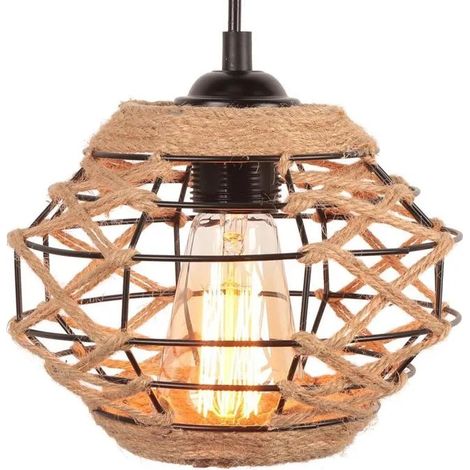 Retro Suspension Luminaire Industriel,Lustre Vintage en Cage Corde de Chanvre E27 Éclairage Plafonnier Ajustable Noir (1/5)