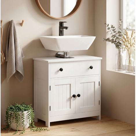 Mobile bagno sotto lavabo bianco moderno, intaglio a U, 2 ante, 1 cassetto, soft-close, MDF (1/5)