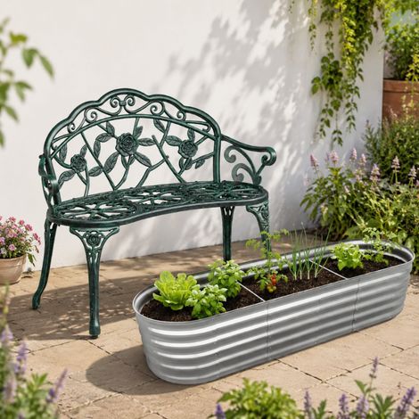 Ensemble de jardin de roses antiques (2 pièces) - Banc à roses aspect moulé et parterre surélevé semi-circulaire en métal (1/5)