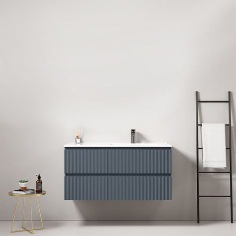 Mobile bagno sospeso cannettato 100 cm Blu Mare Lavabo a Destra in Ceramica Senza Specchio - Fiji Paint (1/4)