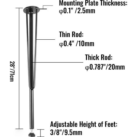 Pieds de table en métal en épingle à cheveux, 71 cm, pieds de bureau meubles 3 tiges, lot de 4, pieds de table basse en fer forgé pour salle à manger avec protections de sol en caoutchouc, noir (1/5)