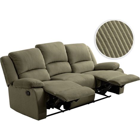 Loungitude – Canapé de relaxation manuel 3 places inclinables – Velours côtelé vert – Fabrication européenne – Assise moelleuse et confortable
