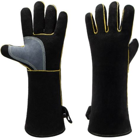 Gants résistants au feu et à la chaleur extrêmes, cuir avec coutures en kevlar, parfaits pour cheminée, poêle, four, grill, soudage, barbecue, mig, support à marmite, traitement des animaux(16 pouces)
