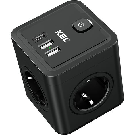 Répartiteur électrique, multiprise Schuko 4 prises, 3 ports USB A+C, noir (1/4)
