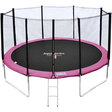 Cama elástica de 370cm reversible rosa/gris, Pack trampolín PERTH + red de seguridad + escalera + lona + kit de anclaje.