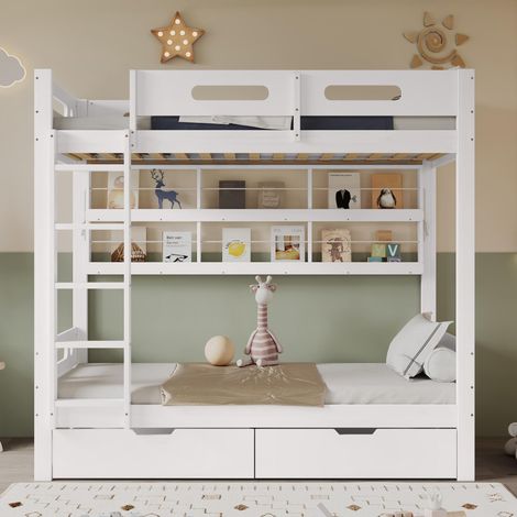 Lit superposé pour enfant avec barrière de sécurité, deux tiroirs à roulettes, étagère ouverte, échelle à cinq marches, nombreux rangements, pin et MDF, blanc, 90x200cm, garantie 2 ans