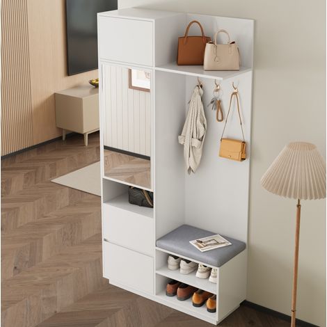 Recibidor con espejo, banco y zapatero 90x34,5x190 cm blanco MDF FloraGrace (1/5)