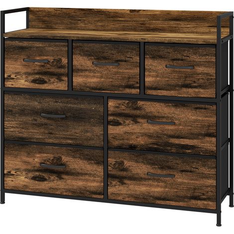 Commode, buffet à 7 tiroirs en tissu, style industriel, structure en acier, 98 x 29 x 85 cm, marron/noir