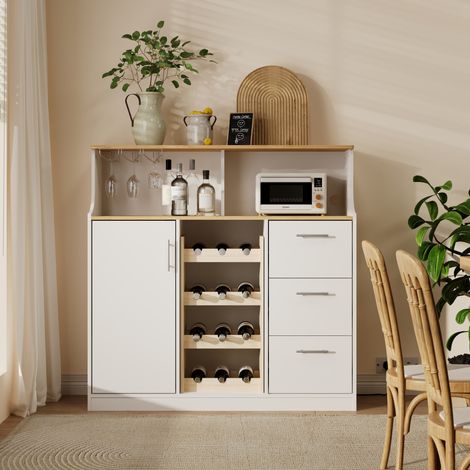 Aparador con LED, enchufe, colgador de copas y botellero 120x40x121 cm blanco/natural HAVRYA (1/5)