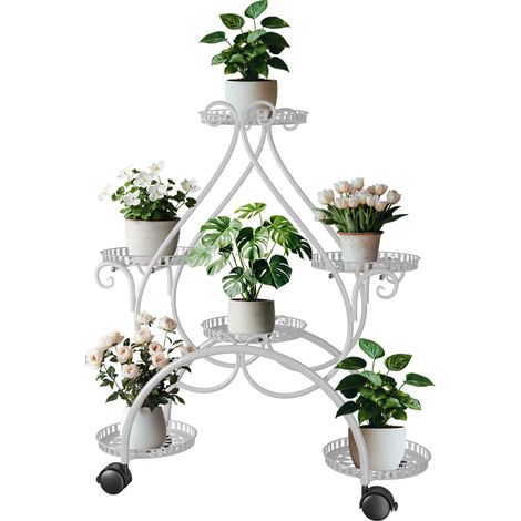 Porte Plantes en Métal Blanc à Roulettes Étagères à Fleurs à 6 Plateaux Design en Forme de L'amour, Echelle Décorative pour Maison Balcon Jardin Terrasse