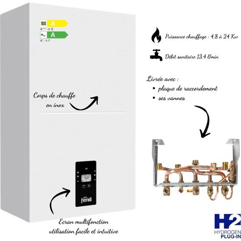 Ferroli – Chaudière gaz à condensation 24 kW – Débit sanitaire 13,4 l/min – Rendement 109,7 % – Compatible gaz naturel et propane