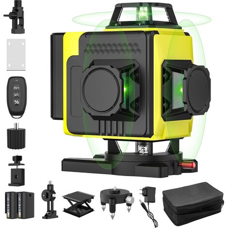Niveau Laser Autonivelant 360° X 4, Lazer Niveaux Chantier 4d 16 Lignes Laser, Mode Impulsion ExtéRieur, 2 X Batterie,Nivellement Automatique, Support Rotatif, TéLéCommande (Sans TréPied)