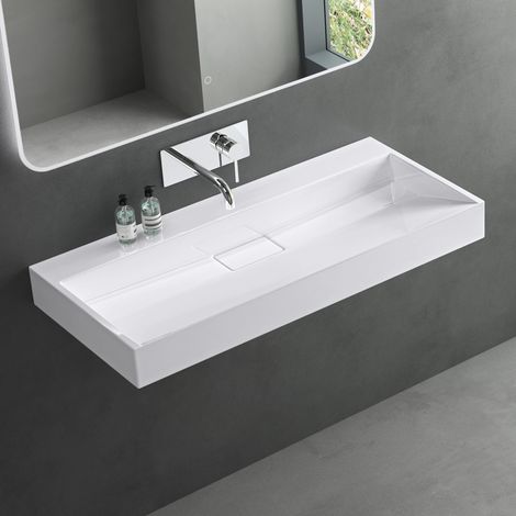 Mai & Mai Lavabo da Appoggio 90x46x11cm, Lavabo Bagno Sospeso da Minerale fuso Lavandino Bagno con Piletta di Scarico Lavabo, senza Foro per Rubinetteria, Colossum19-900OA