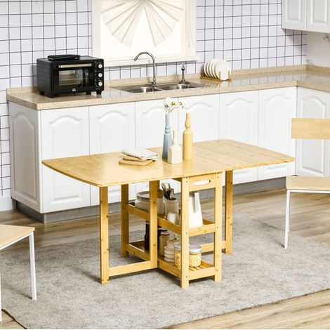 Ausziehbarer Klapptisch 149.5x80x73.5 cm Naturholz Bambus mit Ablagefächern und verstellbaren Füßen (1/5)
