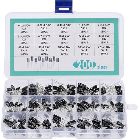 Sortiment mit 200 Elektrolytkondensatoren, 15 Kapazitäten, mit Etui (1/2)