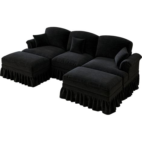 Divano letto a 3 posti, Design curvo, Gambe a fuso Comodo, rivestimento chenille nero per soggiorno (1/5)