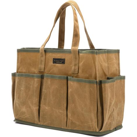 Werkzeugtasche aus gewachstem Canvas, 454 g, 1 großes Werkzeugfach + 10 Außenfächer, wiederverwendbarer Mehrzweck-Werkzeughalter, für Gartenarbeit, 36 x 14 x 26,5 cm  Khaki (1/5)