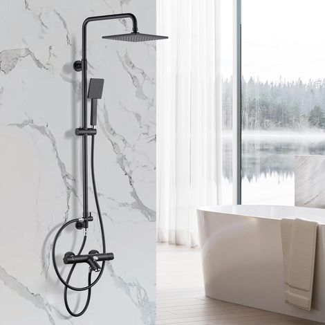 Colonne de Douche Thermostatique, avec Douchette à Main 2 Modes et Grande Douche Plafond Pivotante à 360°, Barre Télescopique Réglable en Hauteur, Raccord G1/2, Noir (1/5)