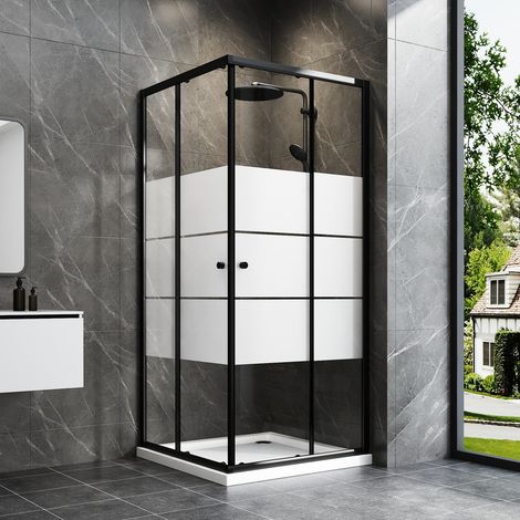 WDWRITTI Duschkabine Schwarz 80x100cm Eckeinstieg Dusche Duschabtrennung Duschwand mit Doppel Schiebetür, 6mm ESG Glas mit weißen Querstreifen-Dekor, Höhe: 185cm
