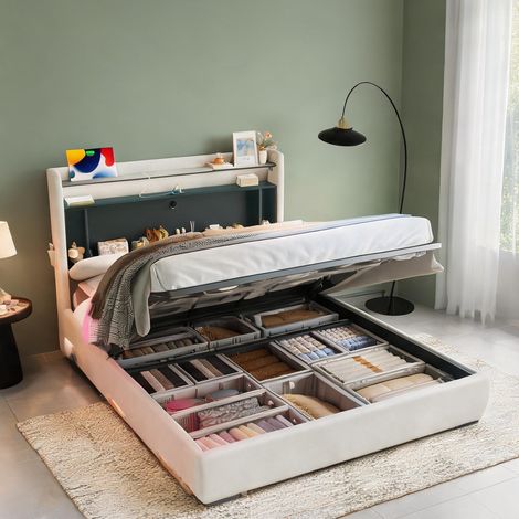 Cadre de lit beige en velours 87,4 x 58,7 x 45,9 cm (1/5)