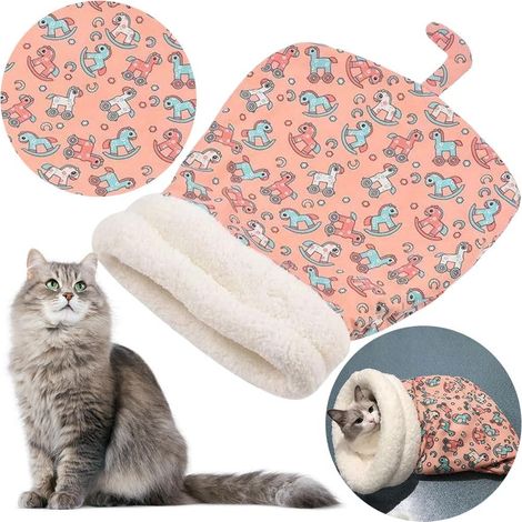 Sac de Couchage pour Chat, Mignon Sac de Nid de Chat de Poche de Bande Dessinée, Nid de Chat en Peluche Douce, 360 ° Enveloppant Confortable, Sac de Couchage pour Chien de Chat D'intérieur (Rose)